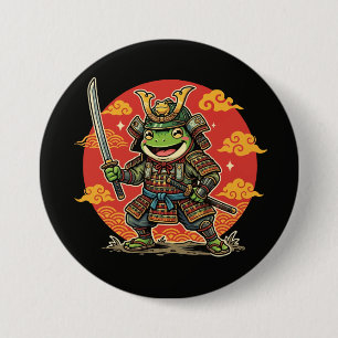 Süßer Frosch-Samurai-Cartoon-Tierkrieger-Design Button