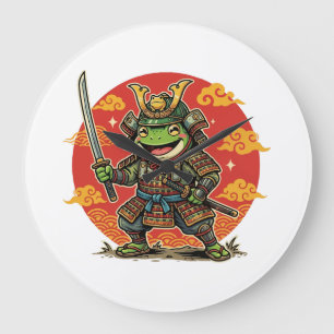 Süßer Frosch-Samurai-Cartoon-Tierkrieger-Design Große Wanduhr