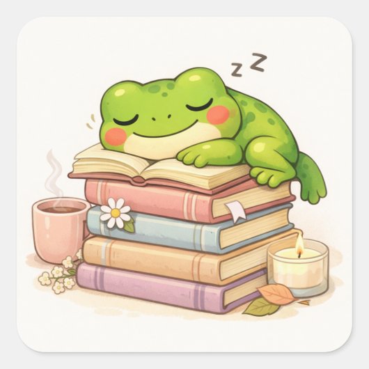 Süßer Frosch schläft auf Büchern Quadratischer Aufkleber (Vorderseite)