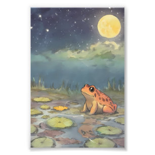 Süßer Frosch spielt unter dem Mond - Whimsical Lun Fotodruck