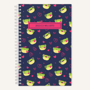 Süßer Frosch und Doodle-Herzmuster Navyblau Rosa Notizblock