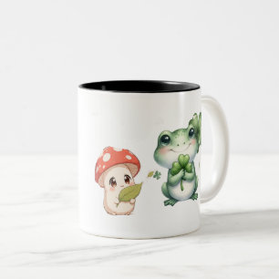 Süßer Frosch und Pilze Cottage Core Name Kaffee Zweifarbige Tasse