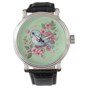 Süßer Frühlingsblaue Vogel & Kirschblüten-Aquarell Armbanduhr
