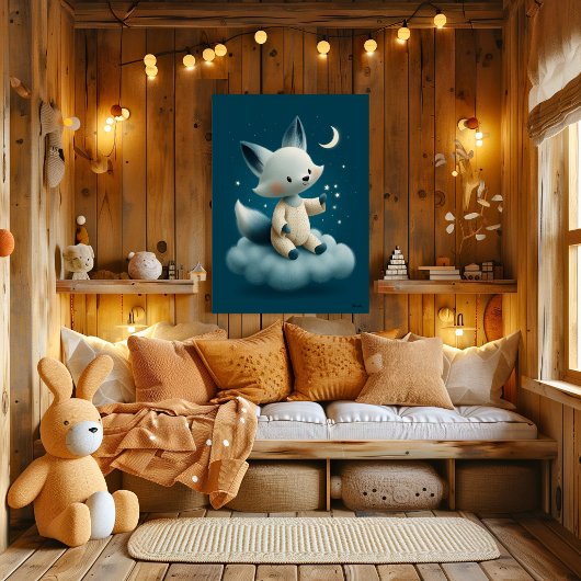 Süßer Fuchs auf Wolken-Kinderzimmer-Bettzeit Poster