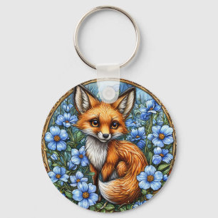 🦊 Süßer Fuchs Bloom Glow 💙 Lebendige Blaue Blüte Schlüsselanhänger