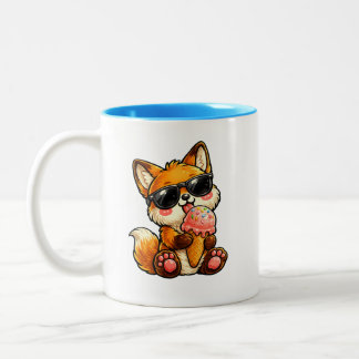 Süßer Fuchs, der mit Sonnenbrille Eis isst Zweifarbige Tasse