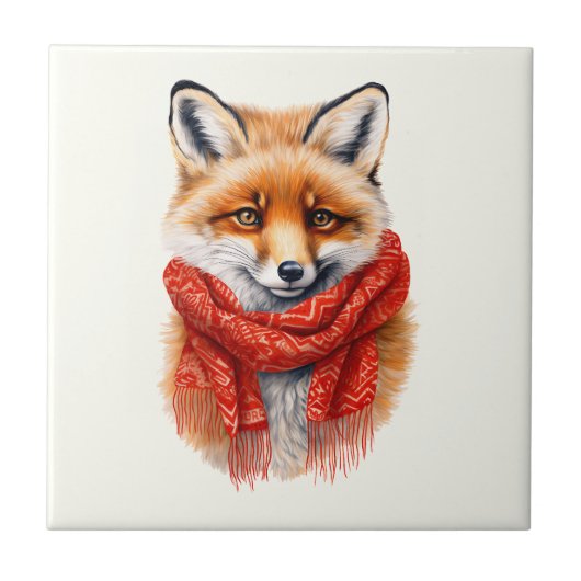 Süßer Fuchs mit rotem Schal Herbstbild Fliese (Vorderseite)