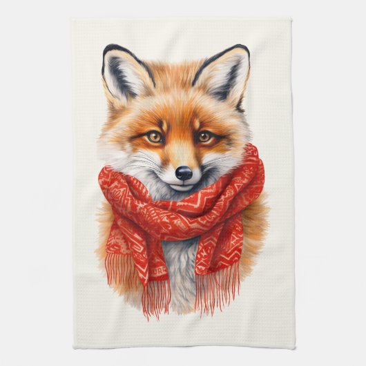 Süßer Fuchs mit rotem Schal Herbstbild Geschirrtuch (Vertikal)