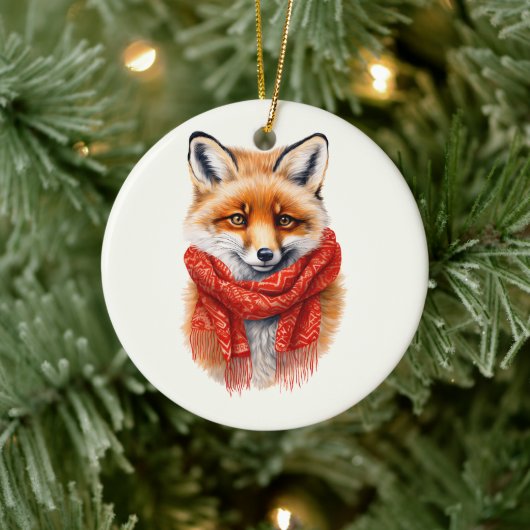 Süßer Fuchs mit rotem Schal Herbstbild Keramik Ornament (Baum)