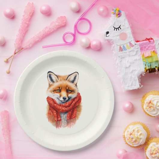 Süßer Fuchs mit rotem Schal Herbstbild Pappteller (Party)