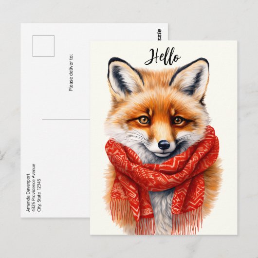 Süßer Fuchs mit rotem Schal Herbstbild Postkarte (Vorne/Hinten)