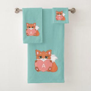 Süßer Fuchs & Monogramm auf Hellblau Badhandtuch Set