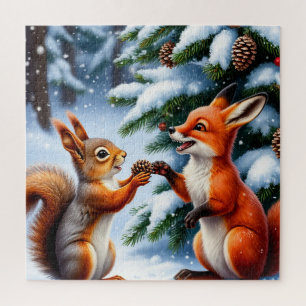 Süßer Fuchs und Eichhörchen Schneebedeckte Weihnac Puzzle