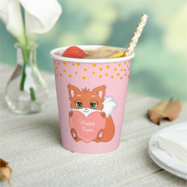 Süßer Fuchs und goldenes Konfetti auf Rosa Pappbecher