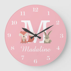 Süßer Fuchs und Hasen-Babymädchen-Monogramm Rosa  Große Wanduhr