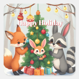 Süßer Fuchs, Waschbär und Hasen-Weihnachts-Andenke Quadratischer Aufkleber
