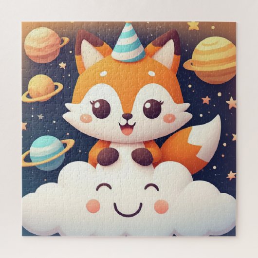 Süßer Fuchs Weltraum Wolken Puzzle Für Kinder (Vertikal)