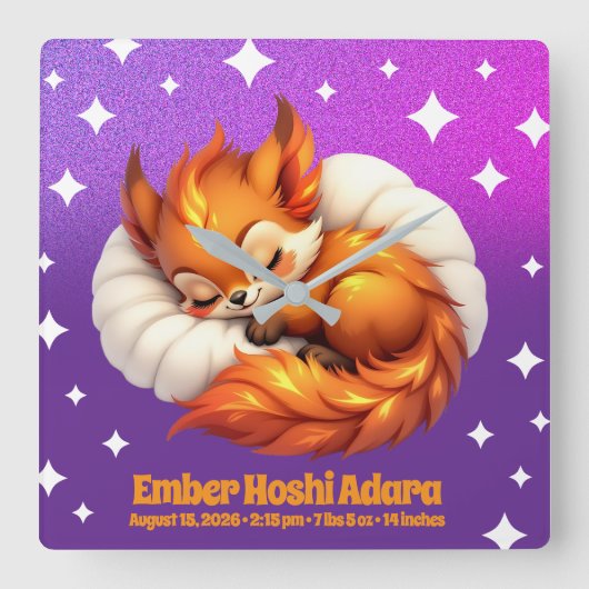 Süßer Fuchswelpe schläft in sternigem Nachthimmel  Quadratische Wanduhr (Vorderseite)