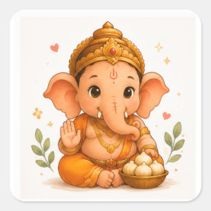 Süßer Ganesha mit Modak Ganesh Chaturthi Quadratischer Aufkleber