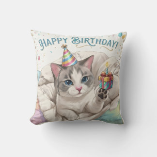 Süßer Geburtstagskatze mit Partyhut und Geschenk Kissen