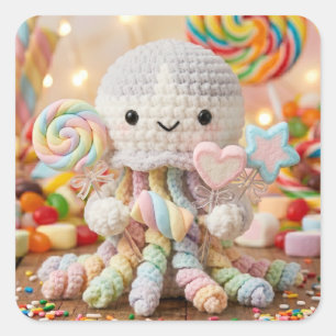 Süßer gehäkelter Oktopus und Candy Land Quadratischer Aufkleber
