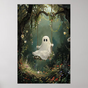 Süßer Geist auf Schaukel im grünen Blumenwald-Druc Poster