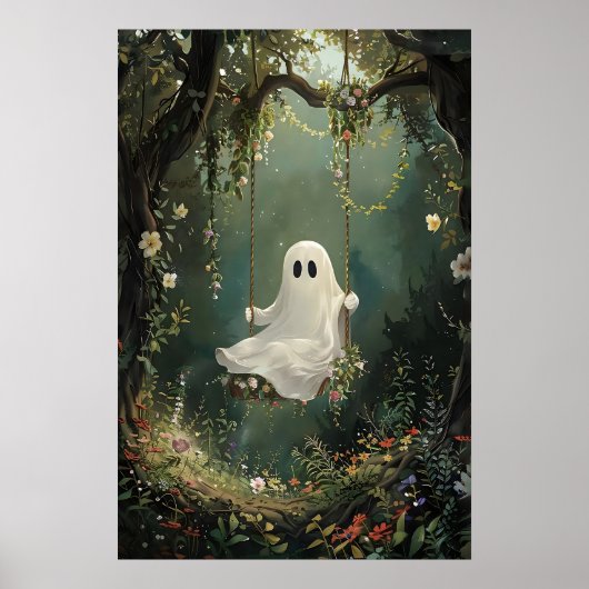 Süßer Geist auf Schaukel im grünen Blumenwald-Druc Poster (Vorne)