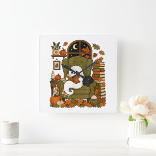 Süßer Geist liest Buch schwarze Katze Herbst Kürbi Quadratische Wanduhr