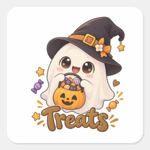 Süßer Geist mit einem Süßigkeitenkorb – Halloween- Quadratischer Aufkleber