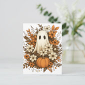 Süßer Geist mit Kürbis und Herbstblumen – Hallowee Postkarte (Stehend Vorderseite)