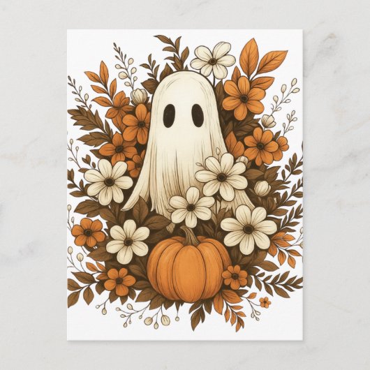 Süßer Geist mit Kürbis und Herbstblumen – Hallowee Postkarte (Vorderseite)