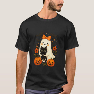 Süßer Geist mit Schleife hält Katzen-Kürbisse Herb T-Shirt