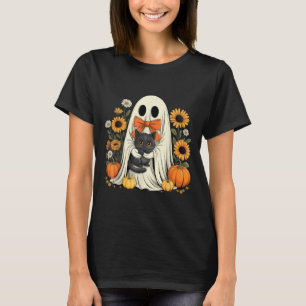 Süßer Geist mit schwarzer Katze Halloween-Kürbis T-Shirt