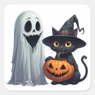 Süßer Geist, schwarze Katze und Kürbis-Treffen 👻 Quadratischer Aufkleber