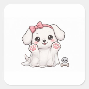 Süßer Geist-Welpe Rosa Schleife Halloween-Hund-Auf Quadratischer Aufkleber
