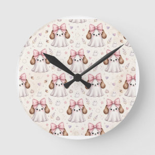 Süßer Geist-Welpe Rosa Schleife Halloween-Hunde-Ba Runde Wanduhr