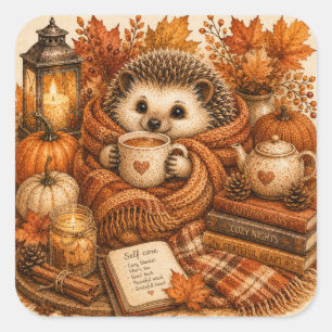 Süßer gemütlicher Herbst-Igel Selbstfürsorge Cotta Quadratischer Aufkleber