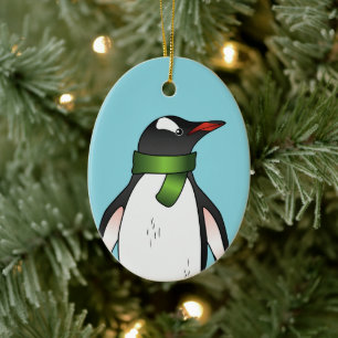 Süßer Gentoo-Pinguin mit grünem Schal auf Blau Keramik Ornament