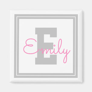 Süßer gerahmter Name & Monogramm Hellgrau & Rosa Magnet