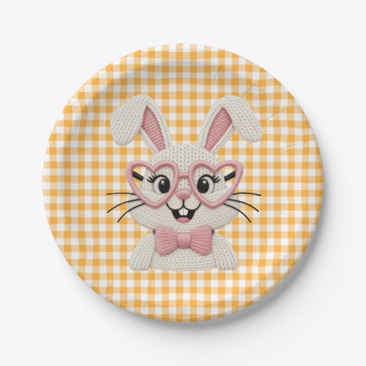 Süßer Gingham-Hase mit rosa Herzbrille Pappteller (Vorderseite)