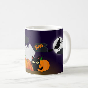Süßer glücklicher Halloween-Kürbis und schwarze Ka Kaffeetasse