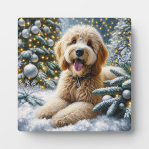 Süßer Goldendoodle-Hund im Winterwunderland Fotoplatte
