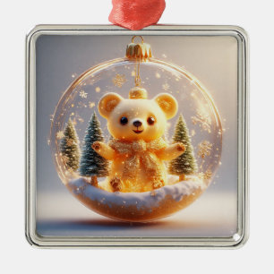 Süßer goldener Bären-Schmuck in einer schneebedeck Ornament Aus Metall
