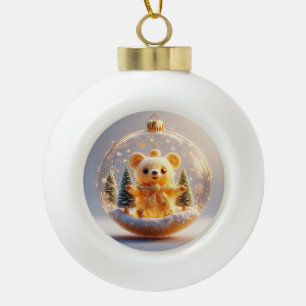 Süßer goldener Bären-Schmuck in einer verschneiten Keramik Kugel-Ornament