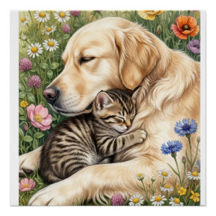 Süßer goldener Hund und Kätzchen in Blumen Fleece- Poster