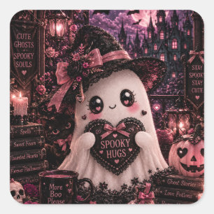 Süßer Gothic Rosa Geist Halloween Gruselige Umarmu Quadratischer Aufkleber