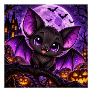 Süßer gothischer lila Fledermaus Halloween Mond Poster