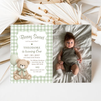 Süßer grüner Ballon-Geburtstags-Teddy-Foto Einladung