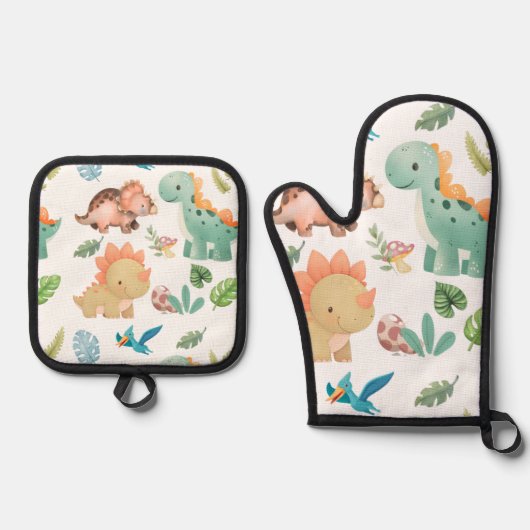 Süßer grüner Dinosaurier Ofenhandschuh & Topflappen-Set (Vorderseite)