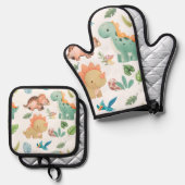Süßer grüner Dinosaurier Ofenhandschuh & Topflappen-Set (Vorderseite/Rückseite)